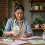 Femme faisant des loisirs créatifs à la maison avec du papier, des ciseaux et des peintures sur une table en bois rustique
