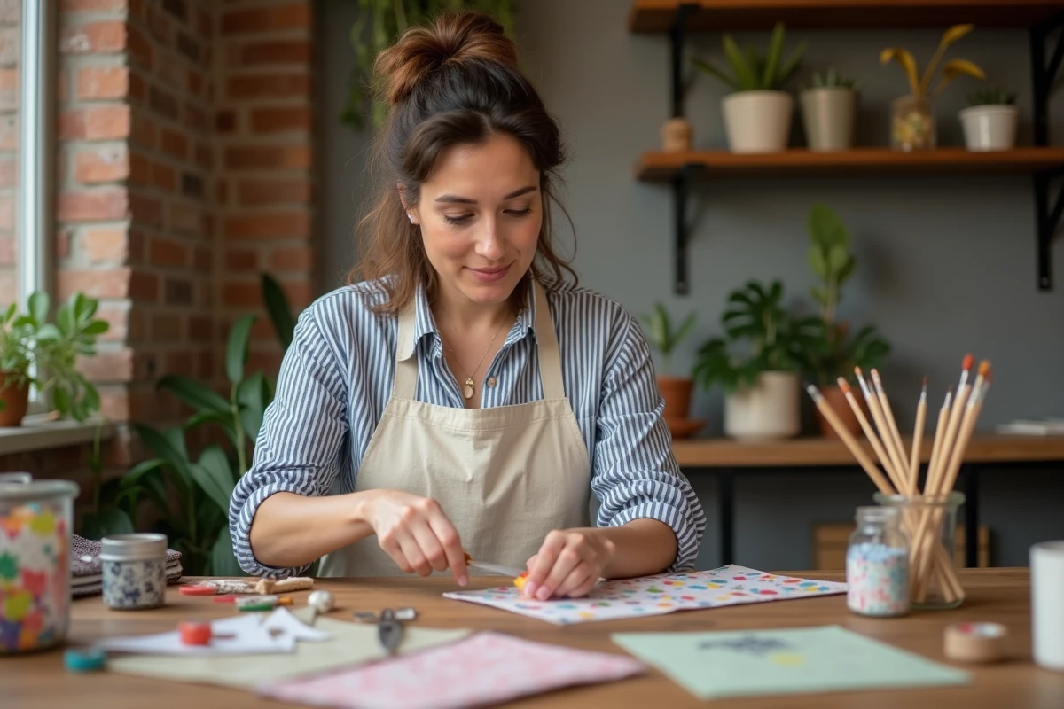 Femme faisant des loisirs créatifs à la maison avec du papier, des ciseaux et des peintures sur une table en bois rustique