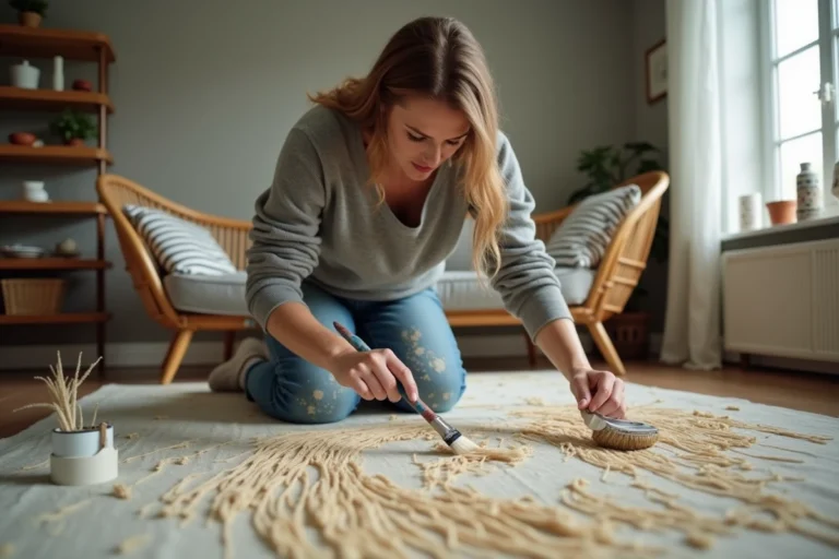 Femme appliquant de la peinture sur un sol en jonc de mer