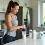 Femme préparant un shake protéiné dans une cuisine moderne en lisant attentivement les étiquettes nutritionnelles des compléments alimentaires
