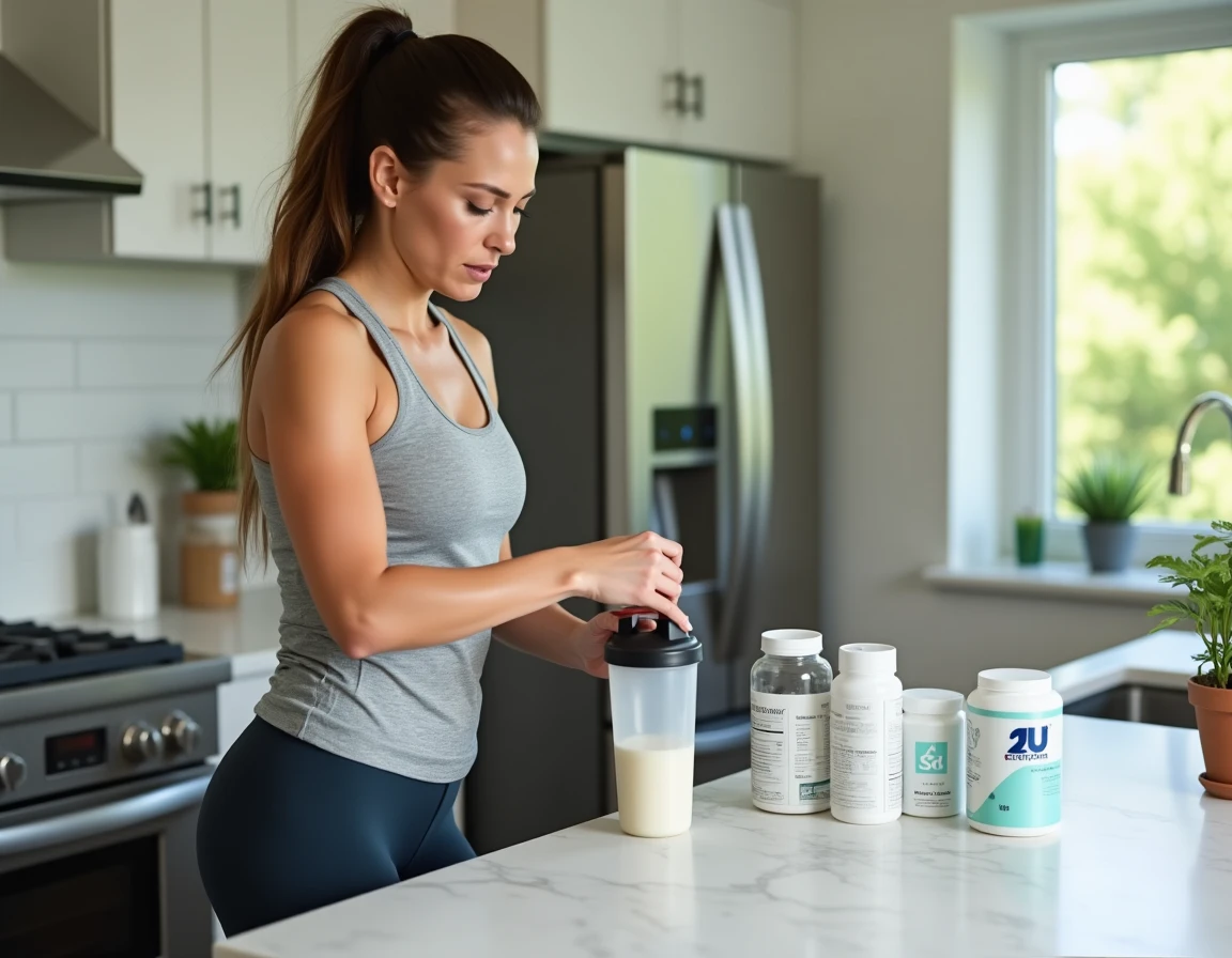 Femme préparant un shake protéiné dans une cuisine moderne en lisant attentivement les étiquettes nutritionnelles des compléments alimentaires