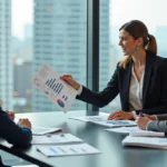 Femme confiante présentant des graphiques de croissance en réunion