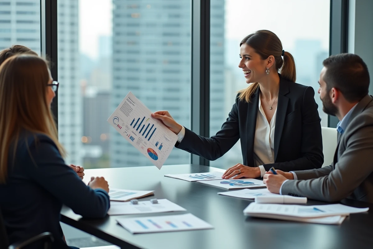 Femme confiante présentant des graphiques de croissance en réunion