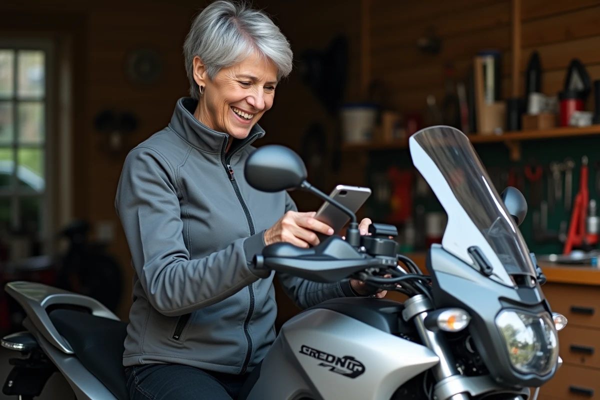 Femme senior assise sur une moto trail de tourisme dans un garage équipé, consultant son GPS