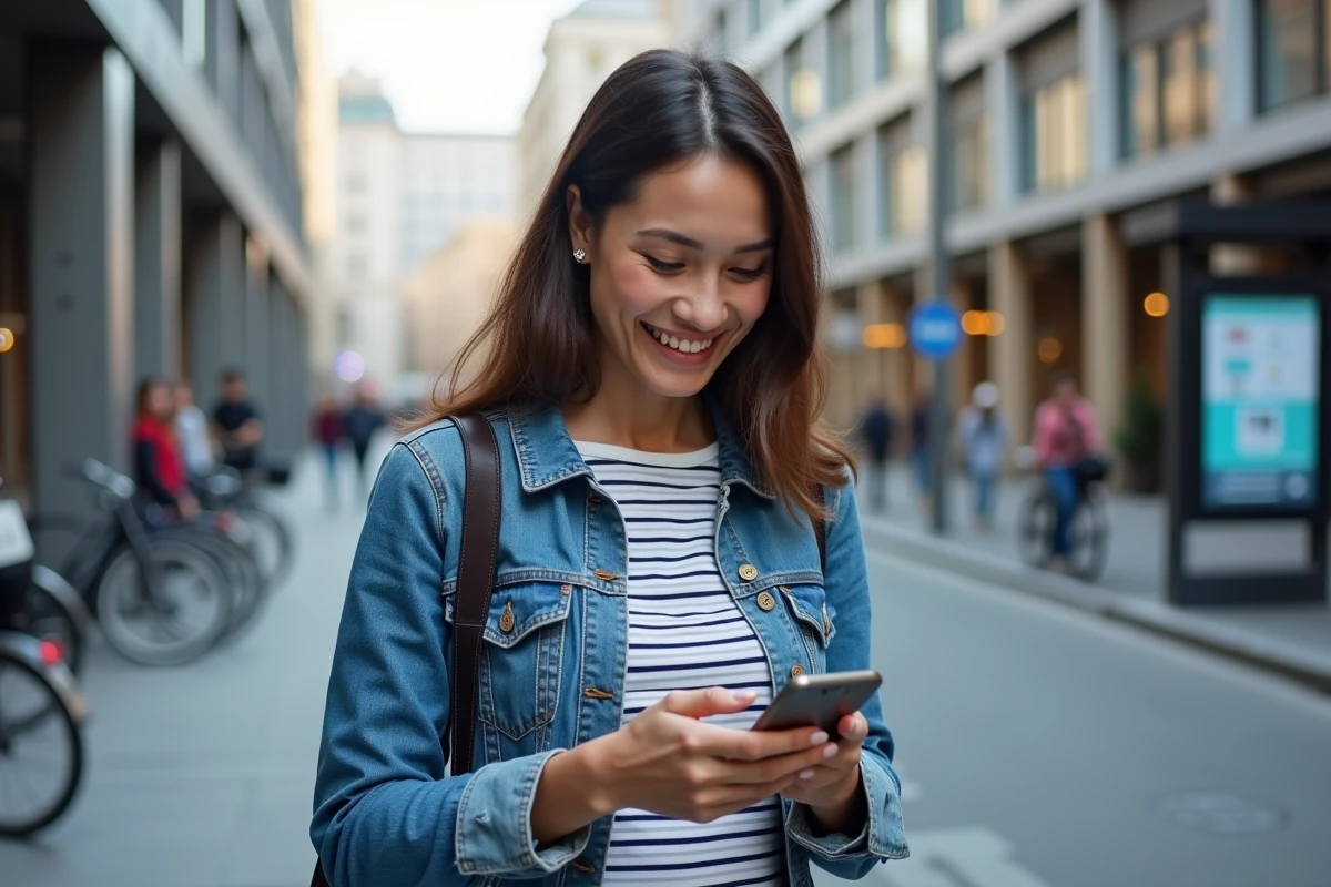 Femme souriante utilisant son smartphone en ville