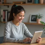 Femme souriante avec tablette dans un intérieur moderne