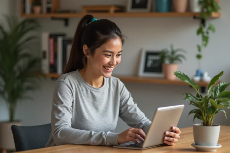 Femme souriante avec tablette dans un intérieur moderne