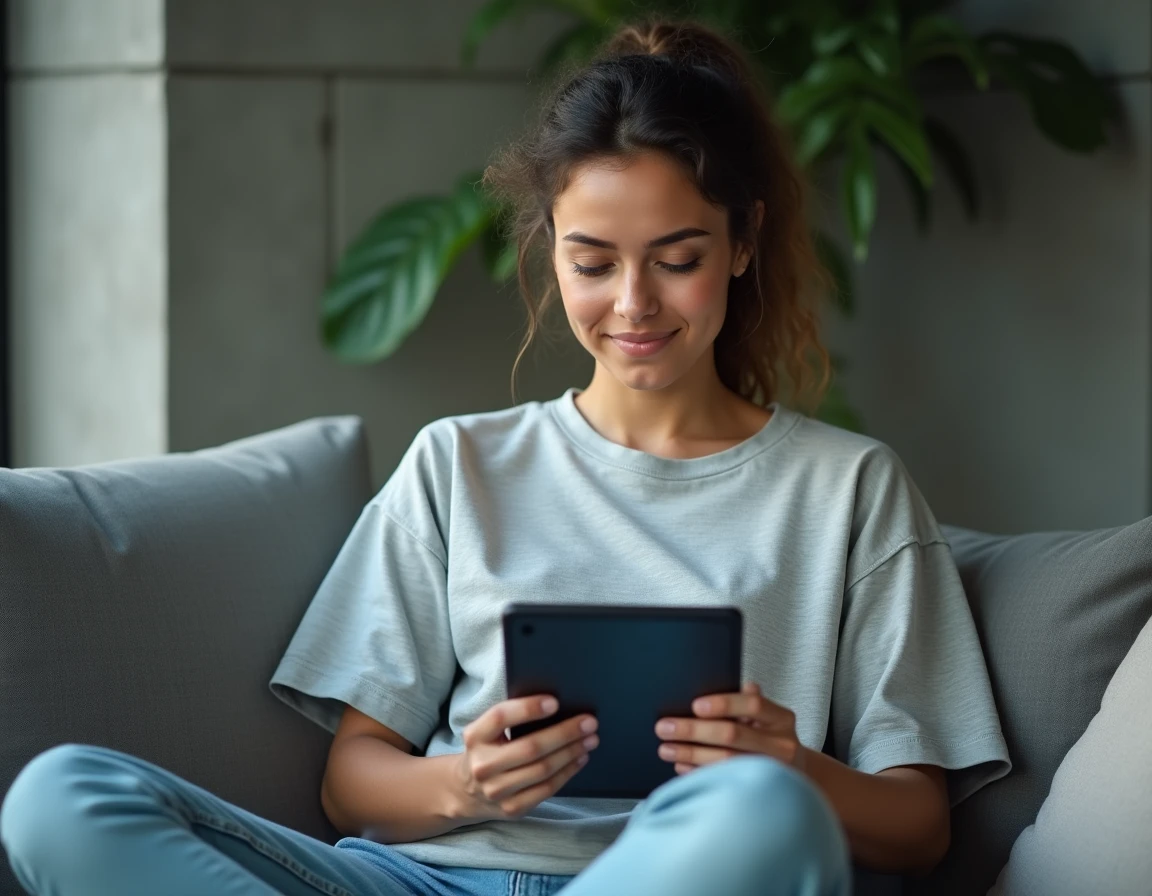 Femme téléchargeant une application Android depuis une source alternative sur une tablette sans utiliser de compte Google