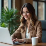 Femme confiante travaillant à distance dans un bureau moderne