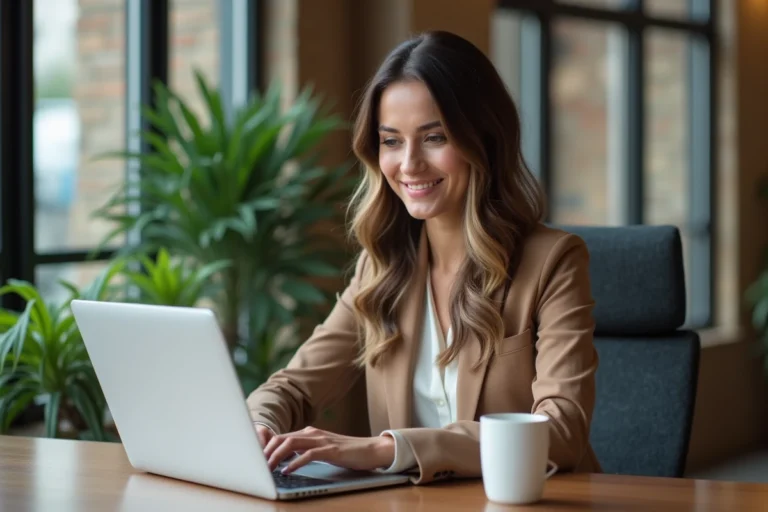 Femme confiante travaillant à distance dans un bureau moderne
