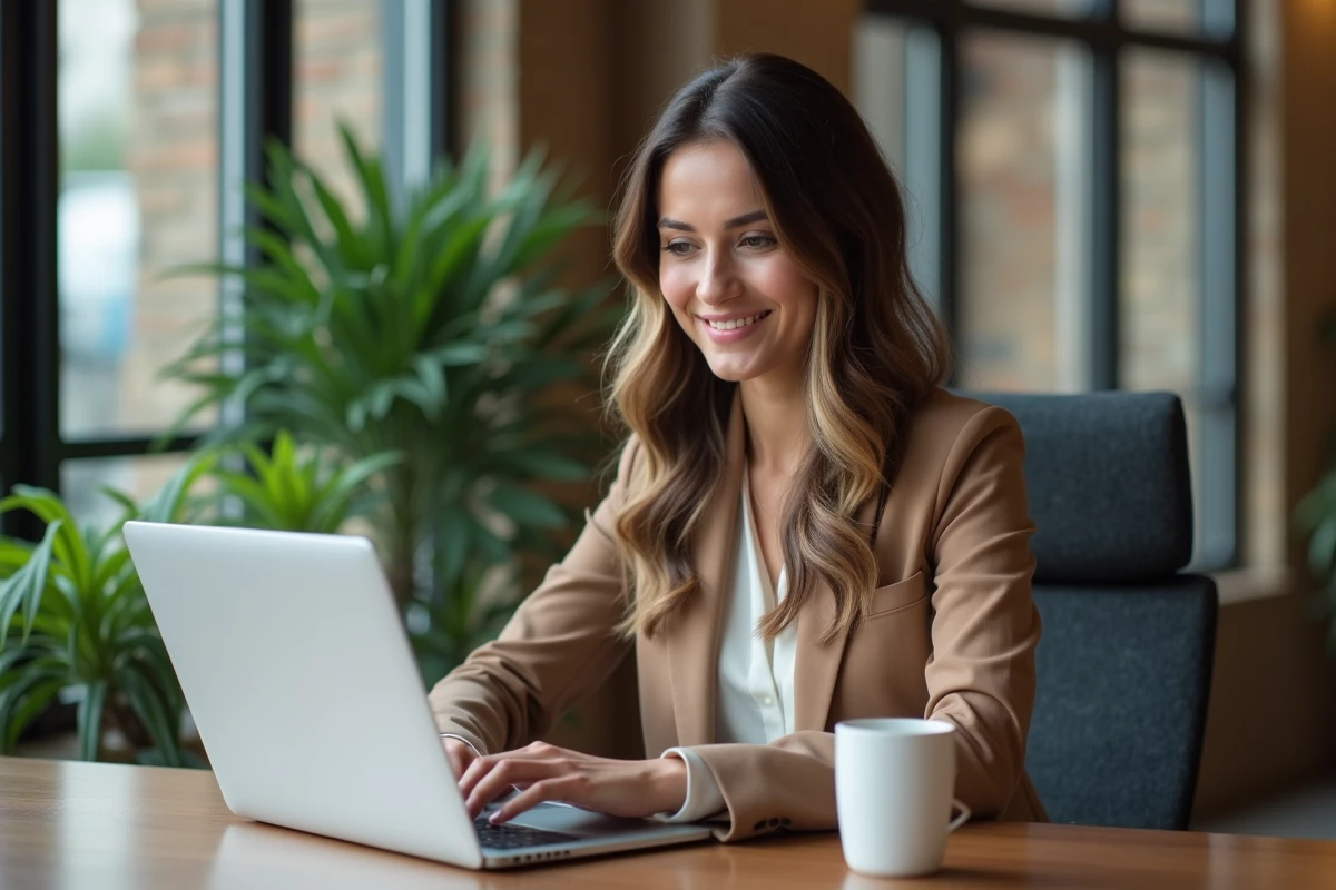 Femme confiante travaillant à distance dans un bureau moderne