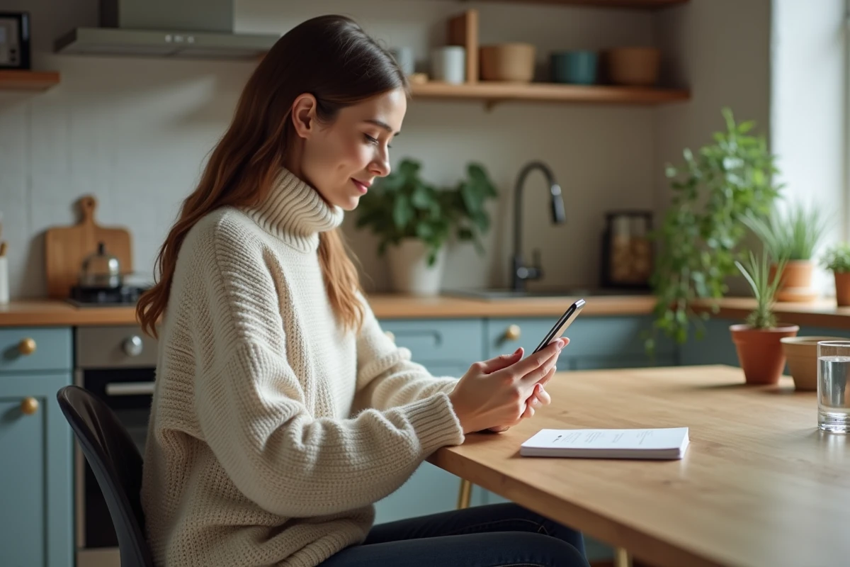 Jeune femme dans une cuisine moderne parlant avec un support
