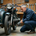Mécanicien examinant la fixation d'un side-car sur une moto BMW dans un atelier mécanique