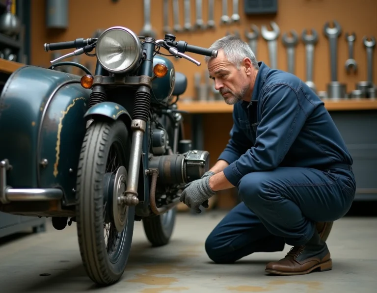 Mécanicien examinant la fixation d'un side-car sur une moto BMW dans un atelier mécanique