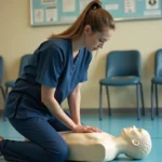 Femme en tenue médicale pratiquant un massage cardiaque sur un mannequin lors d'une formation aux premiers secours