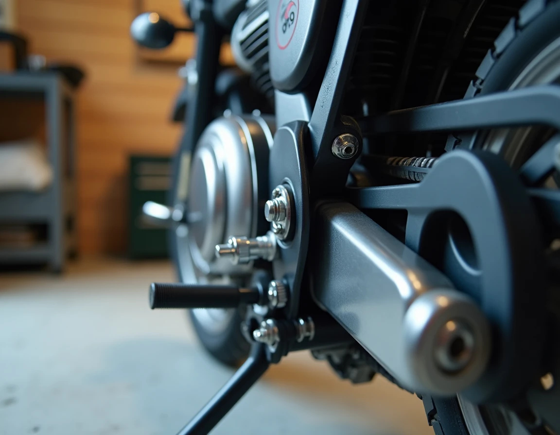 Gros plan sur le système de fixation métallique d'un side-car sur le cadre d'une moto