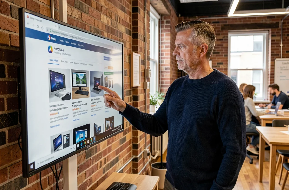 Homme consultant un blog de nouveautés informatiques sur un grand écran dans un espace de coworking