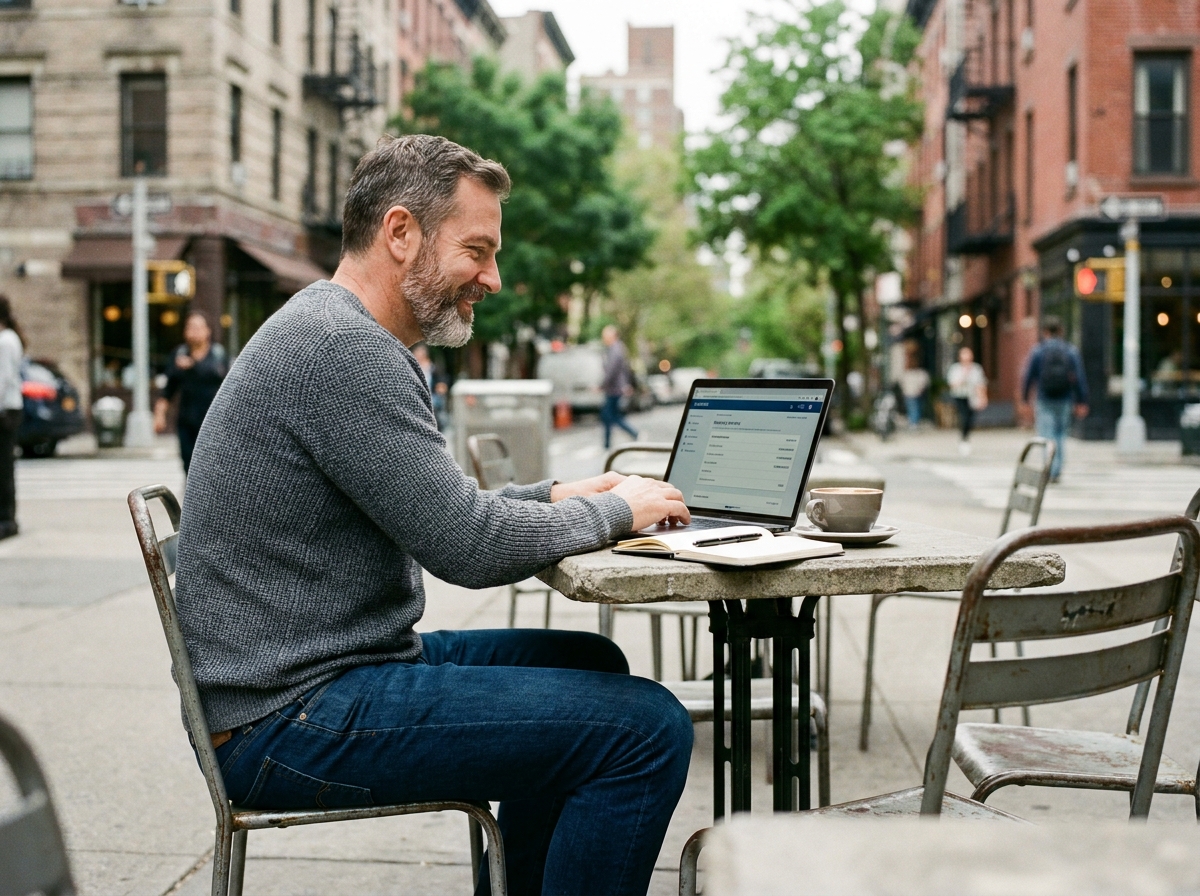 Homme au café vérifiant ses finances sur son ordinateur