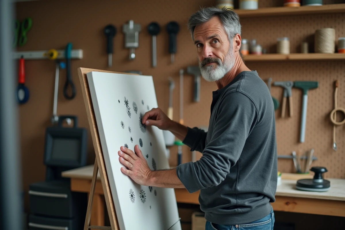 Homme réalisant une activité créative DIY dans un atelier à domicile avec tampons et peintures acryliques