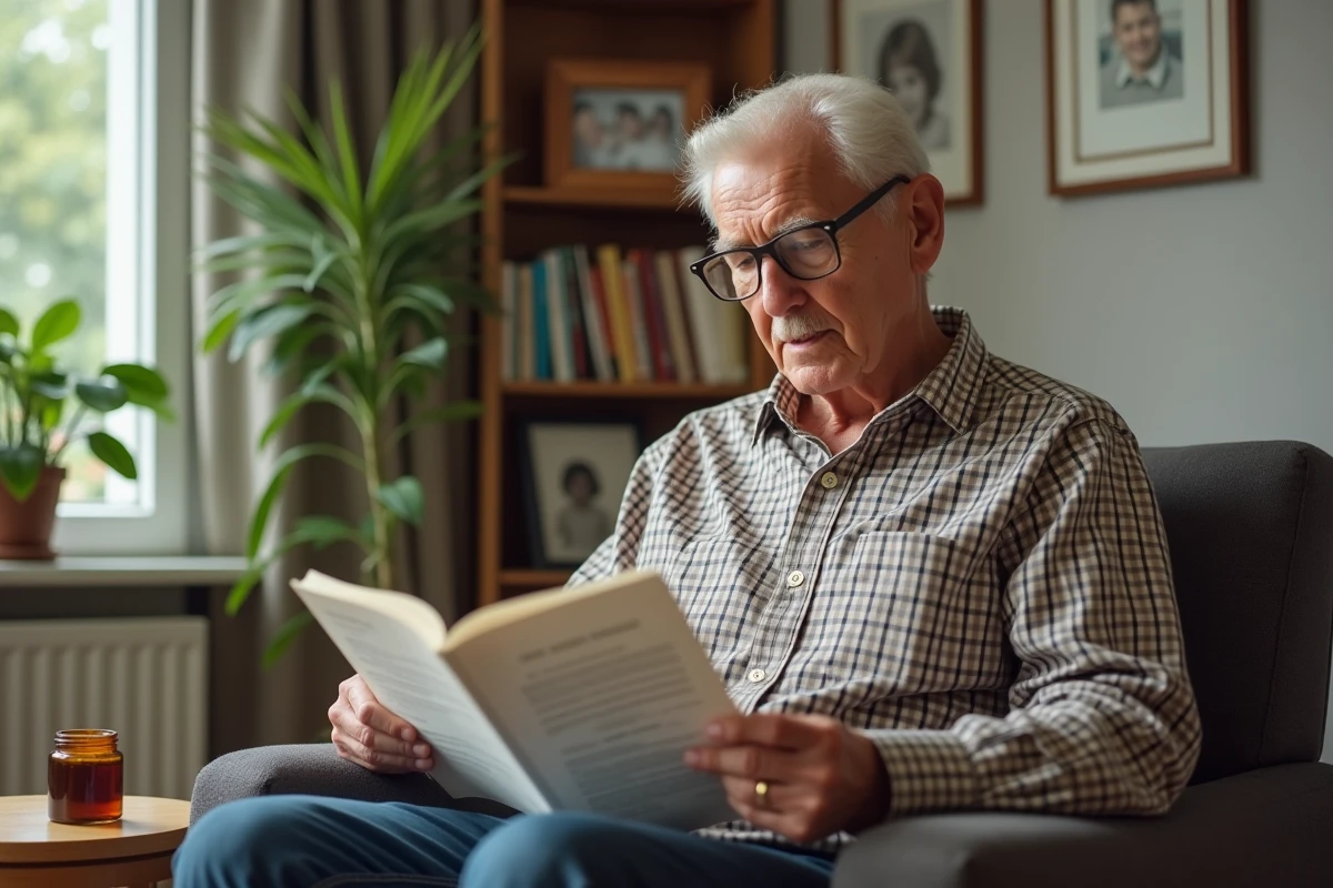 Homme âgé lisant des témoignages sur la pommade Saint Louis
