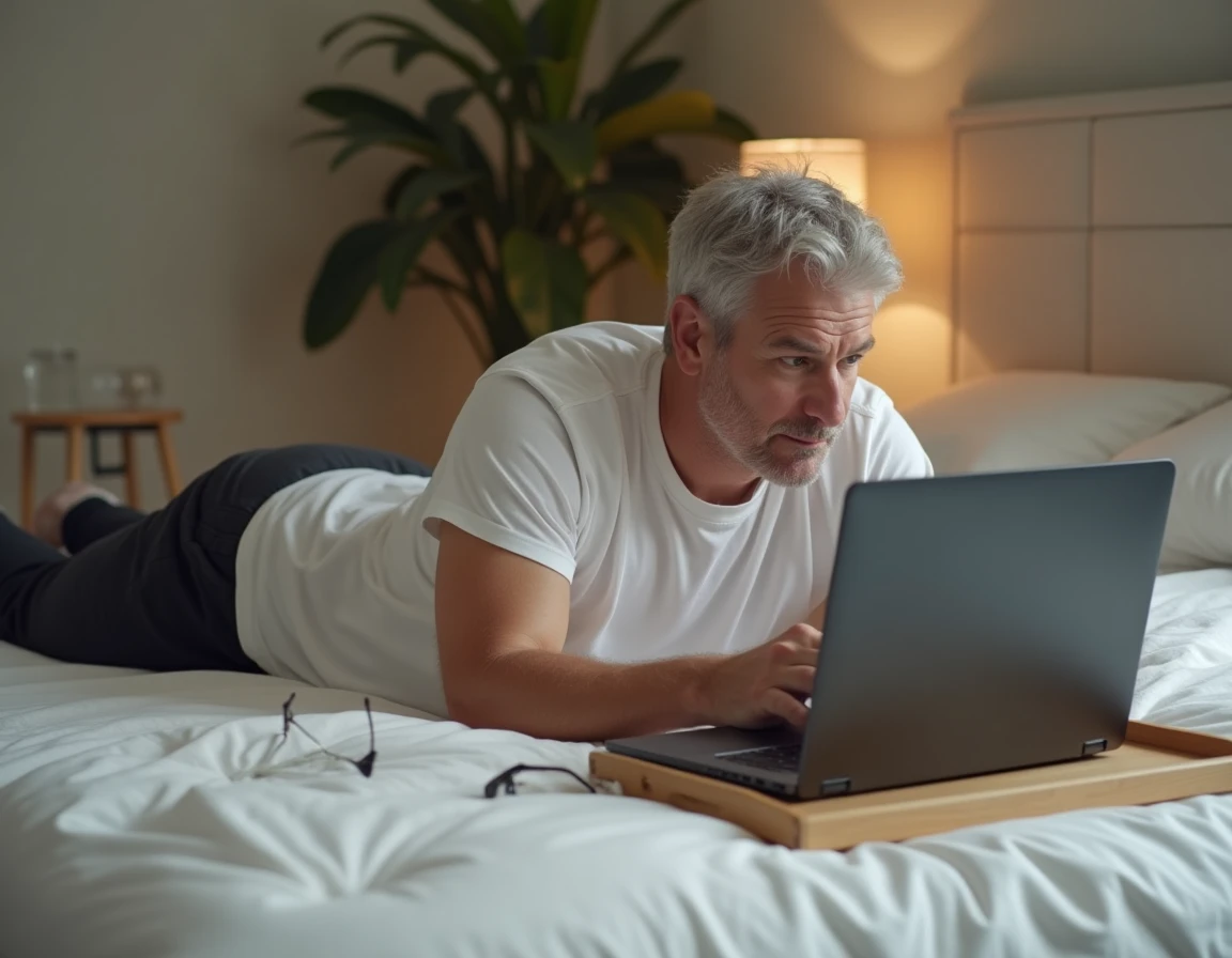 Homme allongé sur son lit regardant un film en streaming sur son ordinateur portable