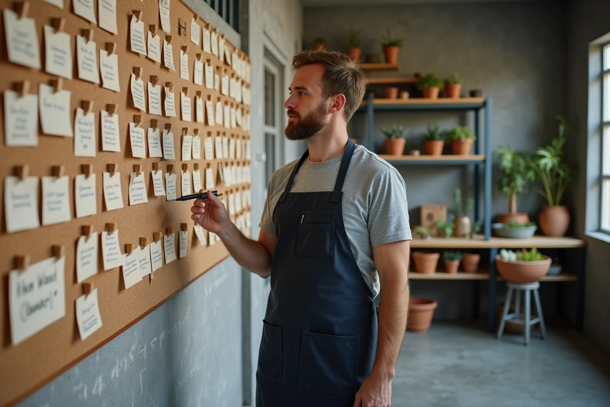 Homme organisant un plan de navigation de site de jardinage sur un tableau en atelier avec des fiches hiérarchiques