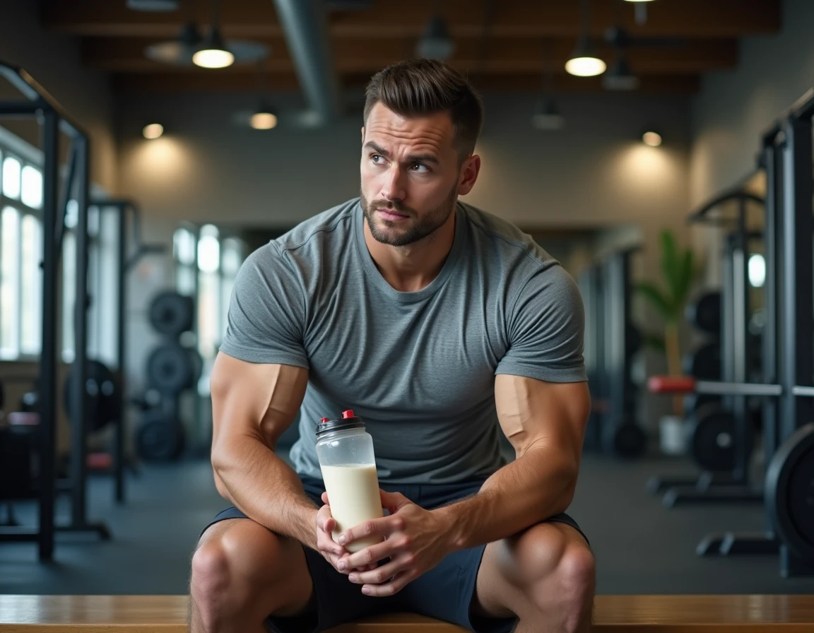Homme musclé assis dans une salle de sport tenant un shaker de protéines et réfléchissant à sa consommation de compléments protéinés