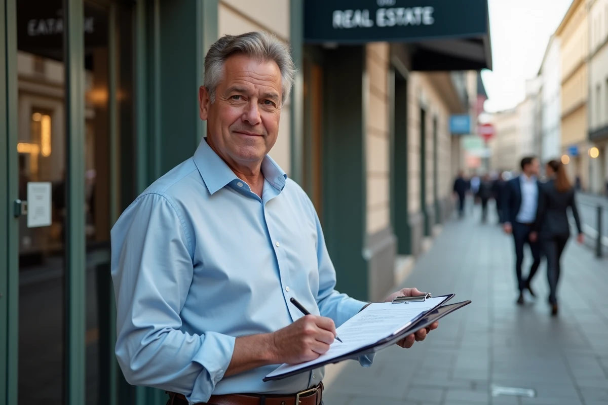 Homme signant un document devant une agence immobiliere