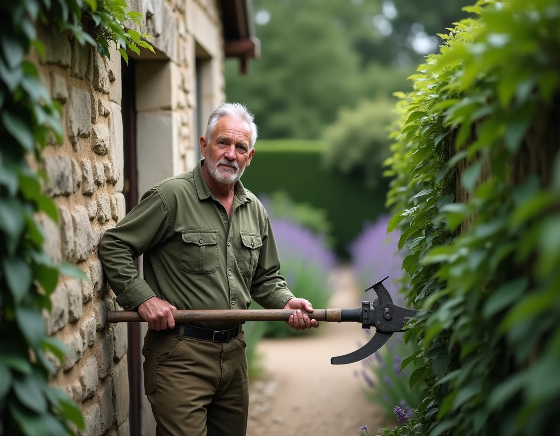 Homme taillant une haie avec un sécateur dans un jardin classique aux murs de pierre et allées de lavande
