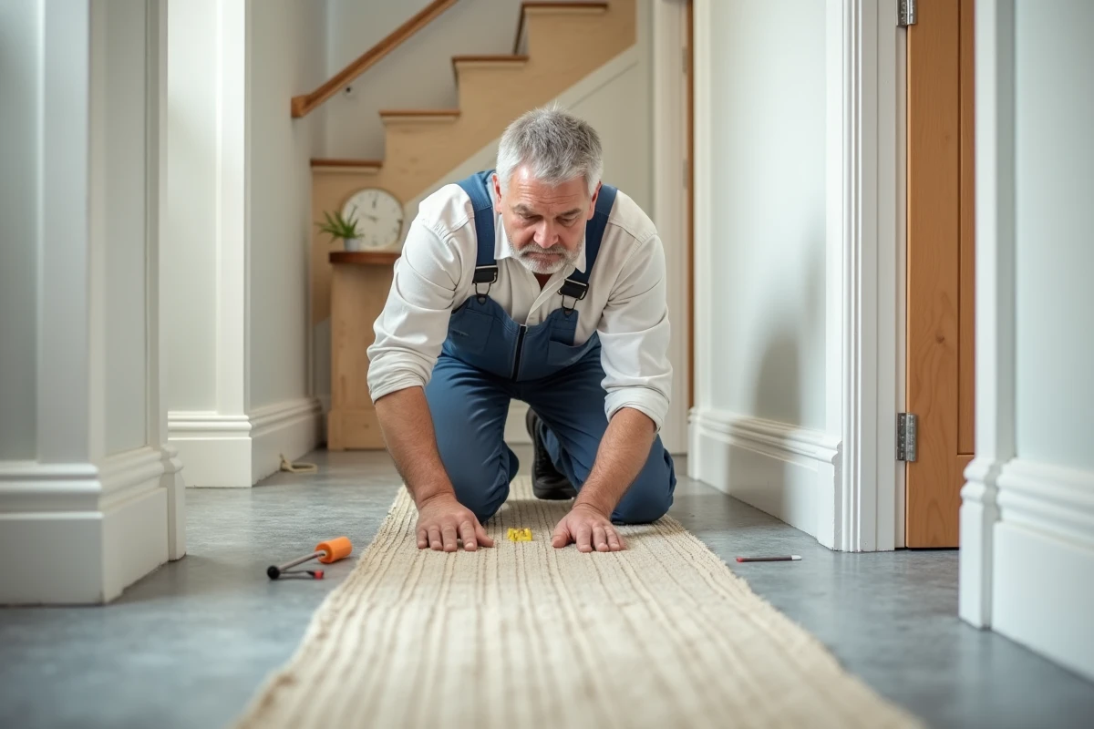 Homme préparant un tapis en jonc de mer pour la peinture