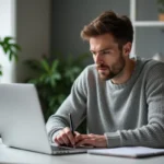 Homme concentré travaillant sur son ordinateur dans un bureau à domicile