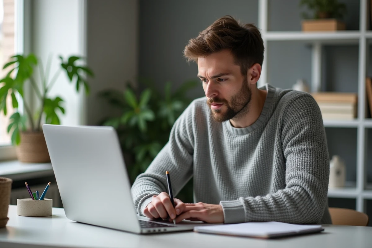 Homme concentré travaillant sur son ordinateur dans un bureau à domicile