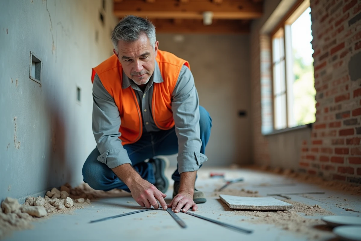 Ouvrier mesurant un mur intérieur lors de travaux de rénovation