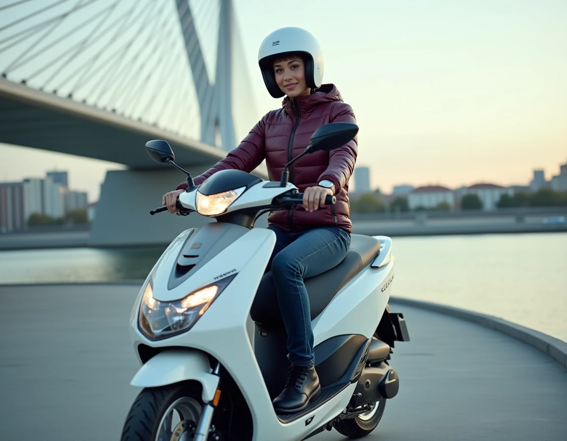 Jeune femme confiante assise sur un Honda Forza 125 blanc nacré sur une promenade urbaine au bord de l'eau