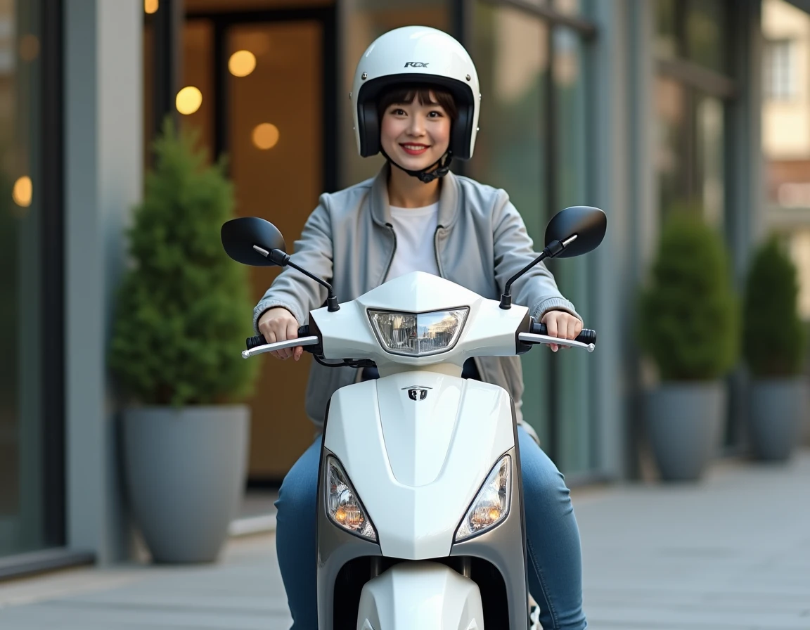 Jeune femme assise sur un Honda PCX 125 blanc nacré garé sur un trottoir urbain moderne