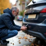 Homme inspectant les capteurs de la Peugeot 308 dans la cour