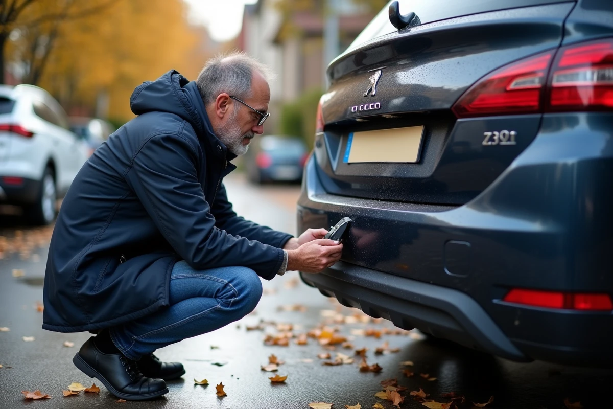 Homme inspectant les capteurs de la Peugeot 308 dans la cour