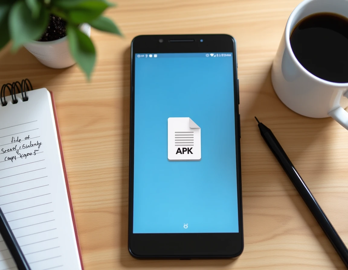 Vue en plongée d'un smartphone Android avec un fichier APK prêt à être installé sans compte Google, posé sur un bureau en bois
