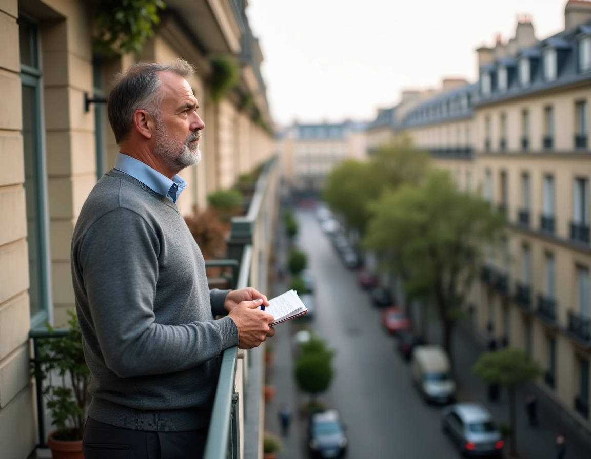 Investisseur immobilier masculin sur un balcon observant un quartier résidentiel haussmannien, carnet à la main, évaluant ses biens locatifs