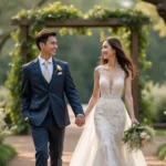Jeune couple de mariage dans un jardin romantique