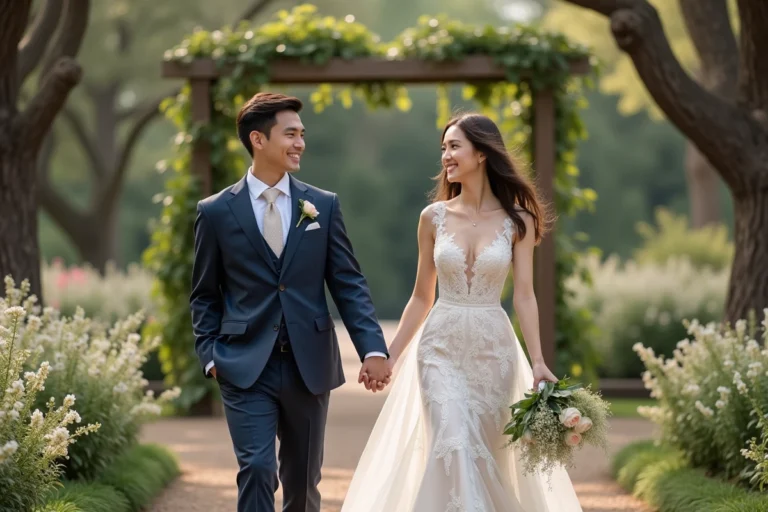 Jeune couple de mariage dans un jardin romantique