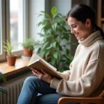 Jeune femme lisant un livre dans un appartement cosy