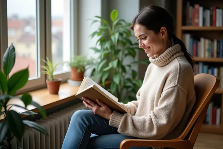 Jeune femme lisant un livre dans un appartement cosy
