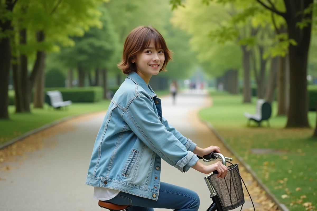 Adolescente à vélo dans un parc verdoyant