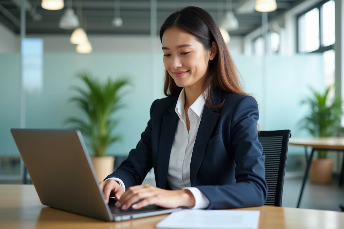 Jeune responsable RH travaillant sur son ordinateur dans un bureau lumineux