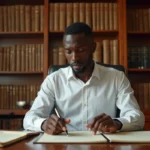 Jeune notaire béninois en costume professionnel examinant un acte notarié dans son étude à Cotonou