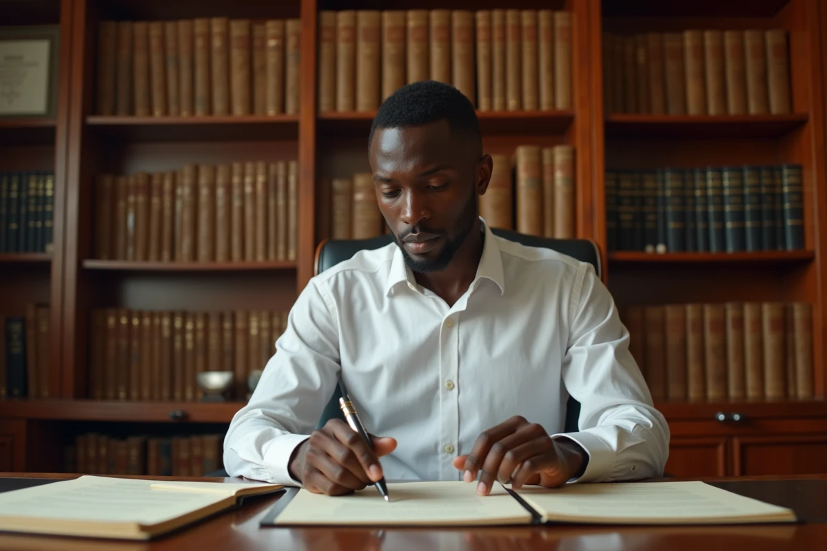 Jeune notaire béninois en costume professionnel examinant un acte notarié dans son étude à Cotonou