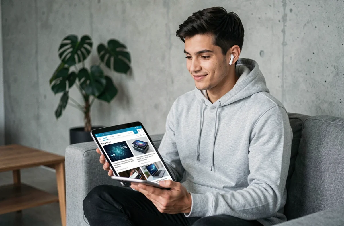 Jeune professionnel lisant les dernières actualités informatiques sur une tablette dans un salon contemporain