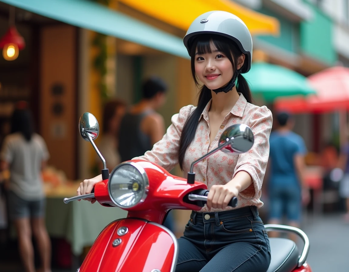 Petite femme assise sur un Kymco People S 125 rouge brillant devant un marché en plein air animé