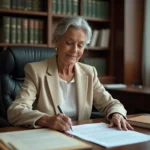 Femme consultant des documents de levée d'hypothèque chez un notaire